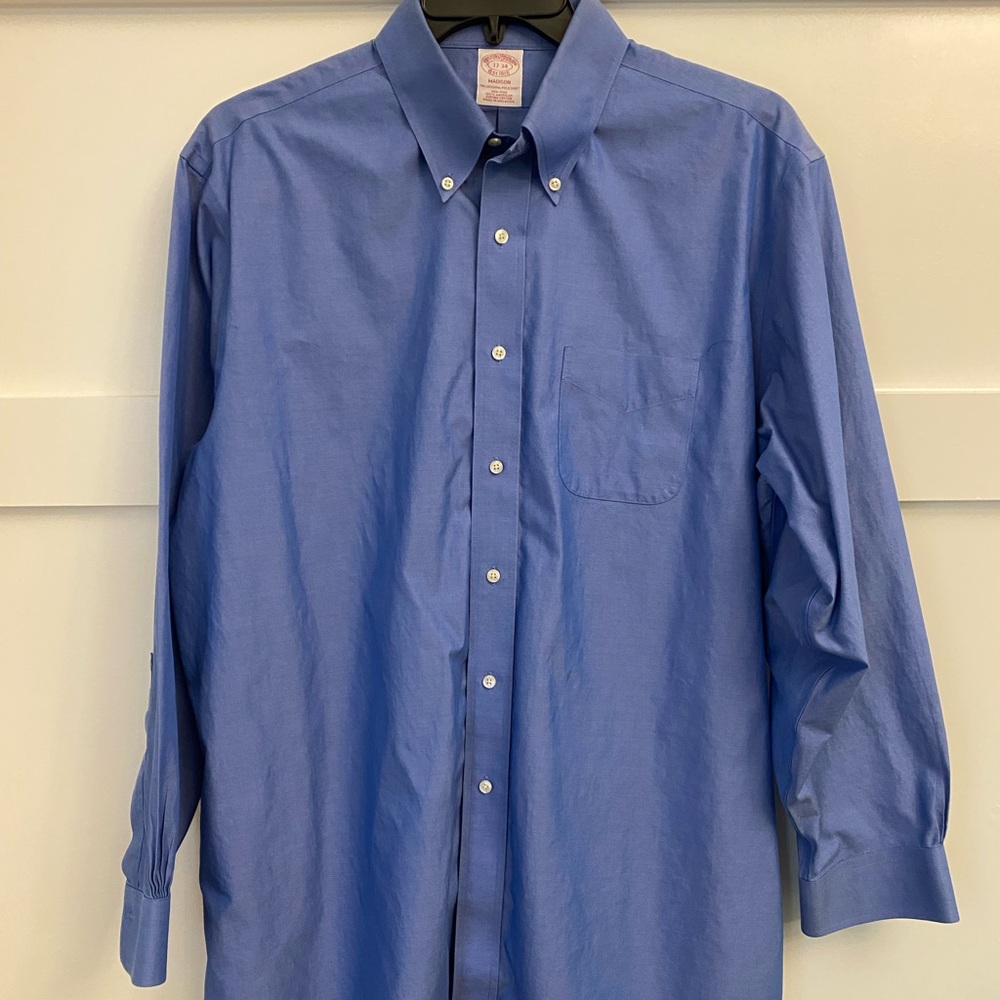 Vintage‎ Brooks Brothers Makers Dress Shirt Mens 17 34 Button Up Blue USA Made